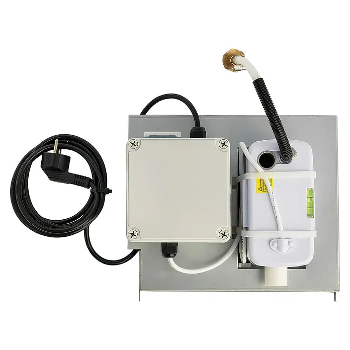 Woods Kondenswasserpumpe Förderleistung 40l / h - Passend für: Luftentfeuchter SW-/LD-/ED- und WCD, Grau, 3 W - Kompakte elektrische und Fluidsteuerung mit schwarzem Netzkabel, grauer Anschlussdose und weißem Durchflusssensor auf Metallplatte.