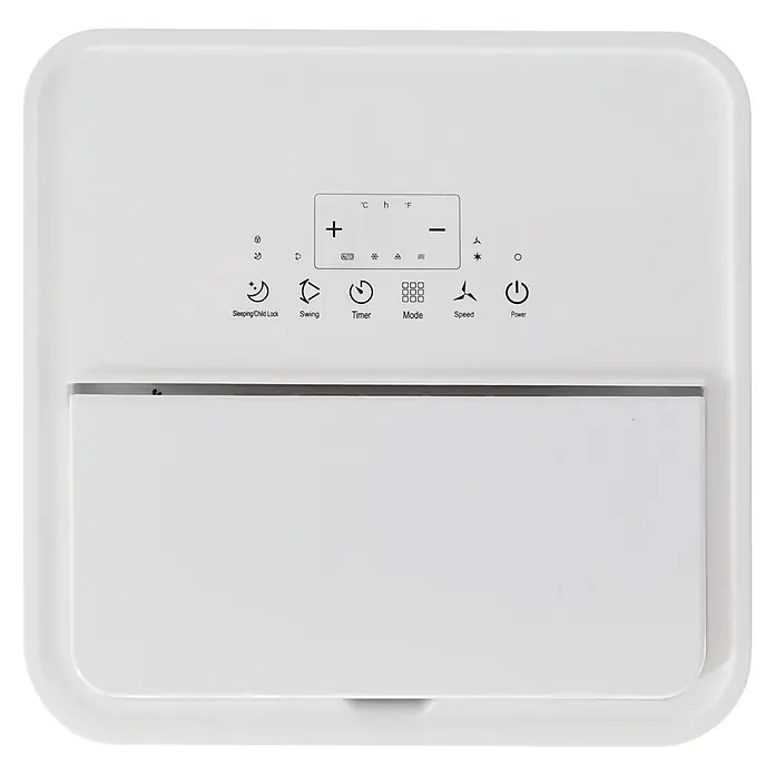Woods Mobiles Klimagerät Milan 9K WIFI DUO - 2,6 kW, Raumgröße: 26 m², Weiß - Weißes Kunststoff-Bedienfeld mit Temperaturanzeige, Moduseinstellungen und Tasten für Schlaf-/Kindersicherung, Swing, Timer, Geschwindigkeit und Power.