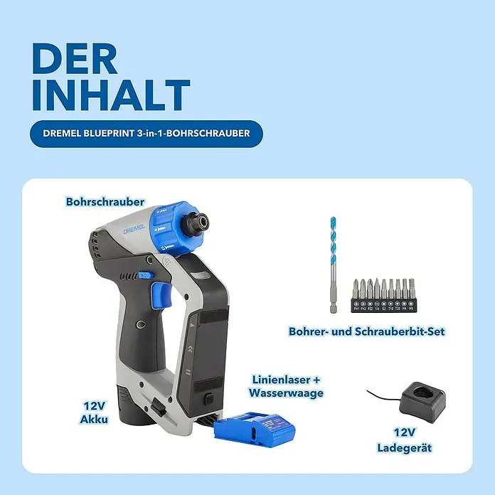 Dremel Akkuschrauber Blueprint 3-in-1 - 12 V, 1 Akku, 2 Ah, 5 Nm - Abbildung eines Dremel Blueprint 3-in-1-Bohrschraubers mit Akku, Ladegerät, Bohrer und Schrauberbit-Set.