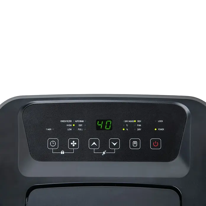 Woods Elektro-Luftentfeuchter MDX 20P - 360 W, Entfeuchtungsleistung: 20 l/Tag, Weiß - Schwarzes Bedienfeld eines Luftentfeuchters mit Digitalanzeige '40', Anzeigen und Tasten für Timer, Lüfter und Ein/Aus.