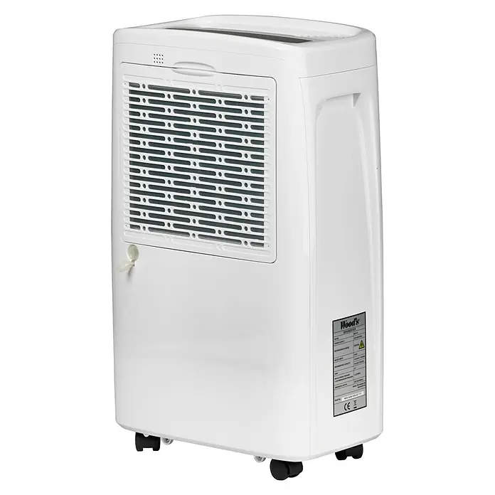 Woods Elektro-Luftentfeuchter MDX 14 - 220 W, Entfeuchtungsleistung: 10 l/Tag, Weiß - Weißer Luftentfeuchter mit seitlichem Lüftungsgitter und Produktetikett.