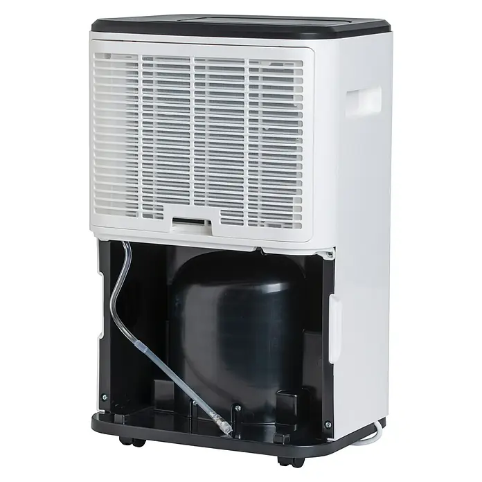 Woods Elektro-Luftentfeuchter MDX 20P - 360 W, Entfeuchtungsleistung: 20 l/Tag, Weiß - Weiß-schwarzer Luftentfeuchter, Rückansicht mit offenem Wassertankfach, schwarzem Tank, Ablaufschlauch und Filtergitter.