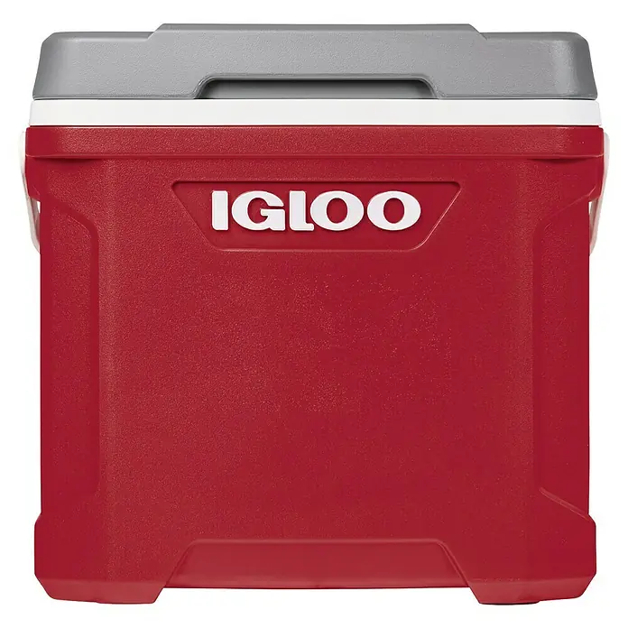 Igloo Kühlbox Latitude - 28 l, L x B x H: 45,7 x 30,1 x 43,8 cm, Rot/Grau - Rote Igloo-Kühlbox aus Kunststoff mit weißem Rand und grauem Deckel.