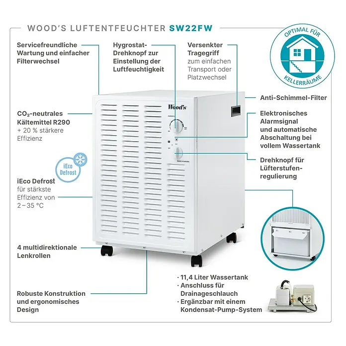 Woods Elektro-Luftentfeuchter SW 22 FW - 190 W, Entfeuchtungsleistung: 13,5 l/Tag, Weiß - Weißer Wood's SW22FW Luftentfeuchter mit Drehknöpfen und multidirektionalen Lenkrollen, mit Wassertank und Drainagezubehör gezeigt.
