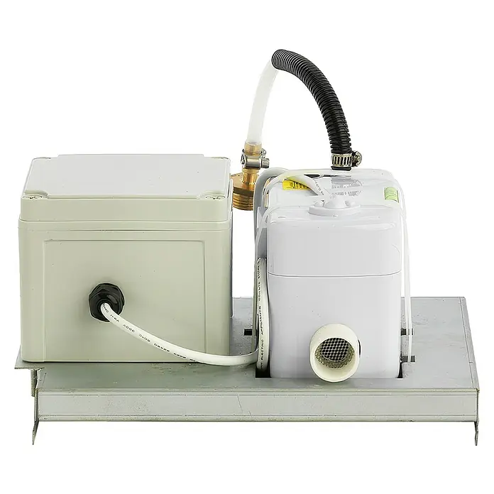 Woods Kondenswasserpumpe Förderleistung 40l / h - Passend für: Luftentfeuchter SW-/LD-/ED- und WCD, Grau, 3 W - Weißes Pump- und Steuergerät auf Metallbasis, verbunden durch transparente und schwarze Schläuche mit Elektrokabeln.
