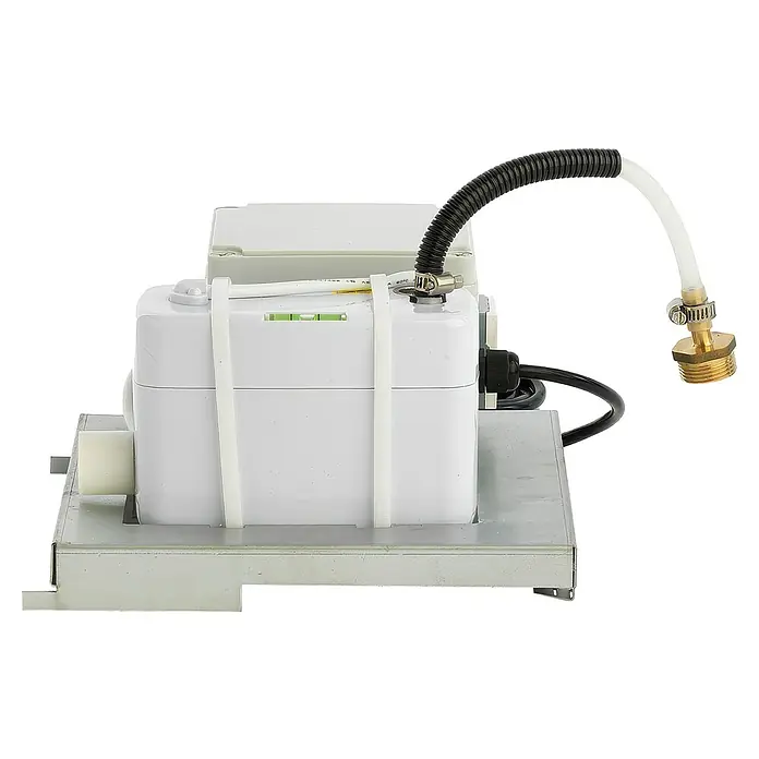 Woods Kondenswasserpumpe Förderleistung 40l / h - Passend für: Luftentfeuchter SW-/LD-/ED- und WCD, Grau, 3 W - Weiße Kondensatpumpe auf Metallbasis mit schwarzen und transparenten Schläuchen sowie Messinganschluss.