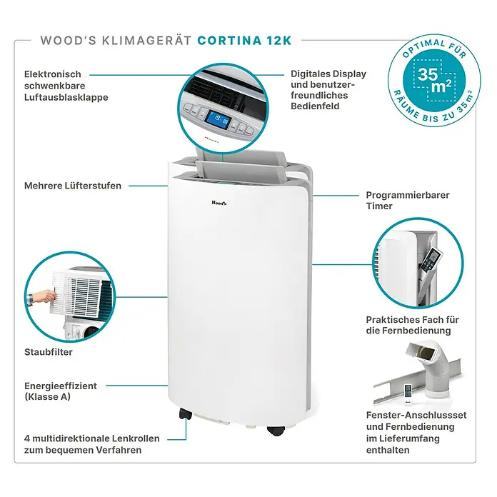 Woods Mobiles Klimagerät Cortina 12K - 3,5 kW, Raumgröße: 35 m², Weiß - Weißes, tragbares Klimagerät mit aufklappbaren Lamellen und digitalem Display.