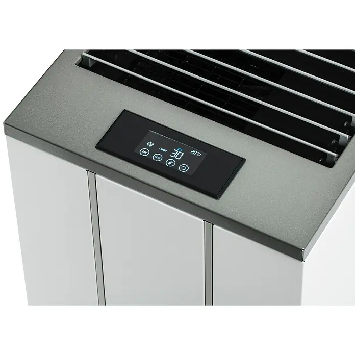 Woods Elektro-Luftentfeuchter LD 40 - 250 W, Entfeuchtungsleistung: 13 l/Tag, Weiß - Grau-weißer Luftentfeuchter mit digitalem Bedienfeld, Anzeige "LAUNDRY 30%" und "20°C", sowie oberer Entlüftung.