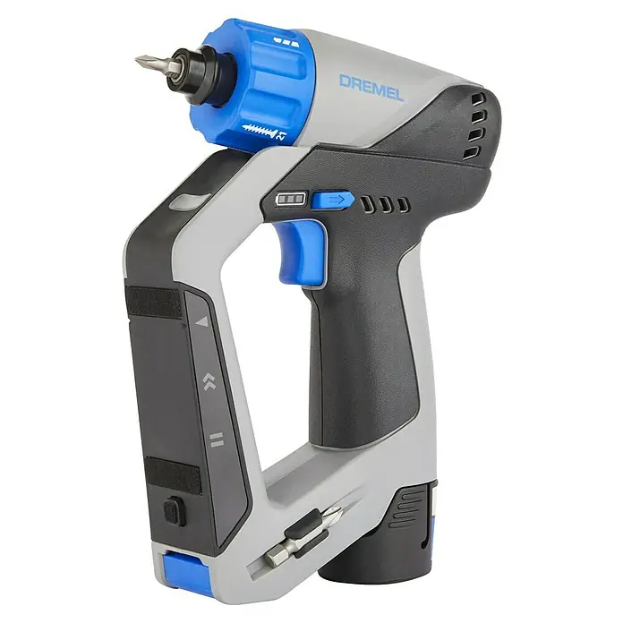 Dremel Akkuschrauber Blueprint 3-in-1 - 12 V, 1 Akku, 2 Ah, 5 Nm - Nahaufnahme eines Dremel-Akkuschraubers mit verstellbarem Drehmoment und Bit-Aufbewahrung für präzises Schrauben.