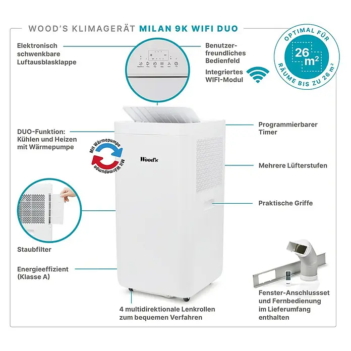 Woods Mobiles Klimagerät Milan 9K WIFI DUO - 2,6 kW, Raumgröße: 26 m², Weiß - Weißes, tragbares Klimagerät mit Bedienfeld, Rollen und Zubehör, das kühlen und heizen kann.