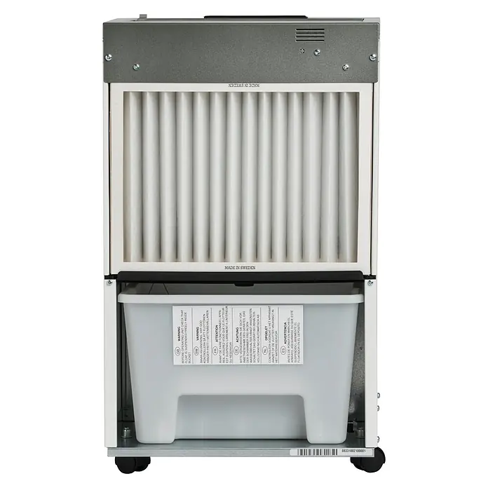 Woods Elektro-Luftentfeuchter LD 40 - 250 W, Entfeuchtungsleistung: 13 l/Tag, Weiß - Frontansicht einer grauen und weißen Luftbehandlungsanlage mit Faltenfilter und Wasserauffangbehälter mit mehrsprachigen Etiketten.