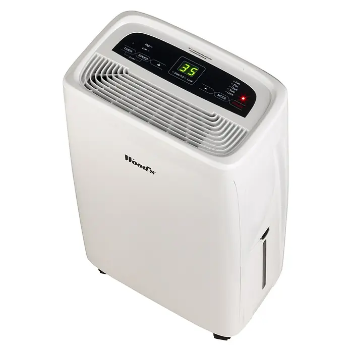 Woods Elektro-Luftentfeuchter MDX 14 - 220 W, Entfeuchtungsleistung: 10 l/Tag, Weiß - Weißer Wood's Luftentfeuchter mit digitalem Display ('35') und Bedienfeld oben, schräg von oben.
