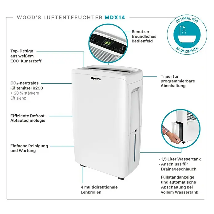 Woods Elektro-Luftentfeuchter MDX 14 - 220 W, Entfeuchtungsleistung: 10 l/Tag, Weiß - Weißer Wood's MDX14 Luftentfeuchter aus ECO-Kunststoff mit Bedienfeld und 1,5L Wassertank.