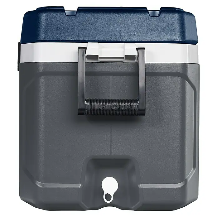 Igloo Kühlbox Maxcold - L x B x H: 63,4 x 38,3 x 40,9 cm, 51 l, Anthrazit/Blau - Dunkelblauer und grauer Kühler mit weißem Mittelstreifen, schwarzem Tragegriff und weißem Ablassstopfen.