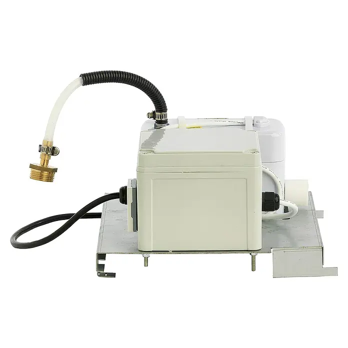Woods Kondenswasserpumpe Förderleistung 40l / h - Passend für: Luftentfeuchter SW-/LD-/ED- und WCD, Grau, 3 W - Ein kompaktes cremefarbenes Kondensatpumpensystem mit klaren und schwarzen Schläuchen, Messinganschluss und einer Metallmontagebasis.