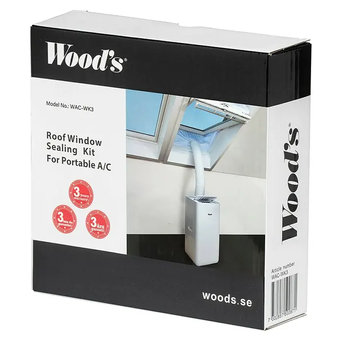 Woods Fensterabdichtung Dachfenster für mobile Klimageräte von Woods - Weiß, Breite: 39 cm - Schwarz-weiße Box für Wood's Dachfenster-Abdichtungsset für tragbare Klimaanlagen, zeigt das Set in Anwendung.