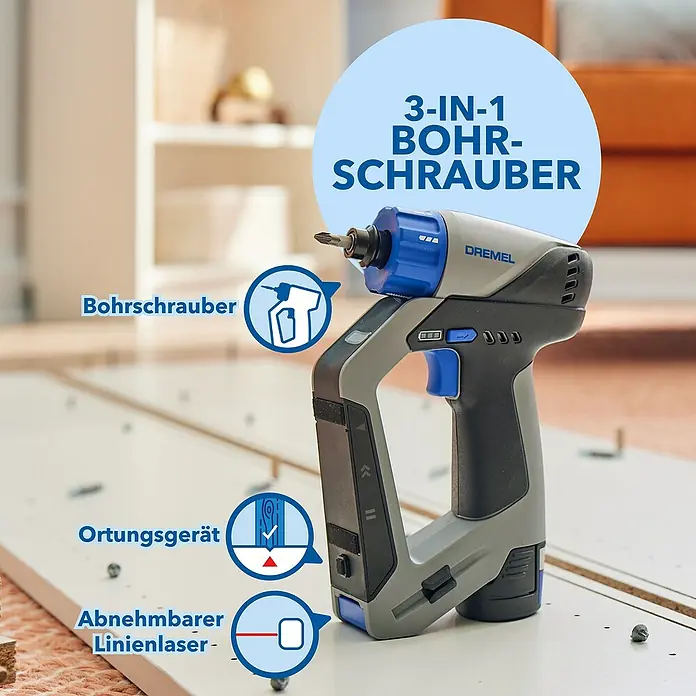 Dremel Akkuschrauber Blueprint 3-in-1 - 12 V, 1 Akku, 2 Ah, 5 Nm - Eine Nahaufnahme des Dremel 3-in-1 Bohr-Schraubers, der als Bohrschrauber, Ortungsgerät und mit abnehmbarem Linienlaser verwendet werden kann.