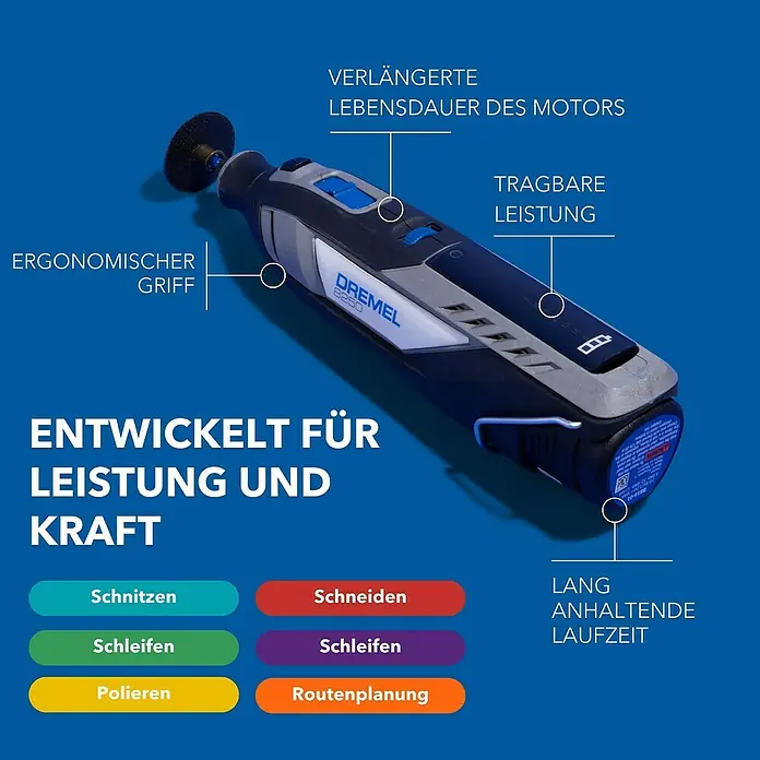 Akku-Multifunktionswerkzeug - 12 V, 1 Akku, 2 Ah, 65-tlg. Zubehör + 5 Vorsätze + Tragekoffer - Bild einer Dremel 8250, einem kabellosen Multifunktionswerkzeug, das für Leistung und Kraft entwickelt wurde.