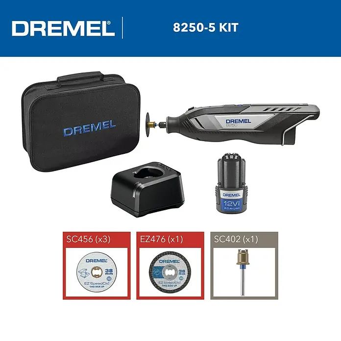 Dremel Akku-Multifunktionswerkzeug 8250-5 - 12 V, 1 Akku, 2 Ah - Dremel 8250-5 Kit mit Werkzeug, Akku, Ladegerät, Zubehör und Tasche für Schleif-, Trenn- und Polierarbeiten.