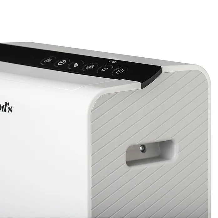 Woods Elektro-Luftentfeuchter WDD 90 Wifi - 610 W, Entfeuchtungsleistung: 8 l/Tag, L x B x H: 35,8 x 21,3 x 53,7 cm, Weiß - Weißes Elektronikgerät mit schwarzem Bedienfeld mit Timer-, Lüfter-, WLAN- und Power-Tasten. Es hat eine gerippte Seitenwand.
