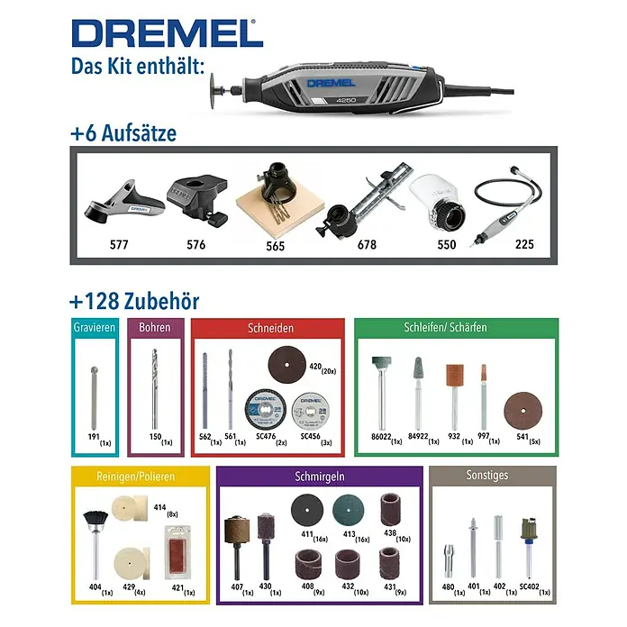 Dremel Multifunktionswerkzeug 4250 (4250 Platinum+) - 175 W, Leerlaufdrehzahl: 5.000 U/min - 35.000 U/min - Dremel 4250 Zubehörset: Enthält 6 Aufsätze und 128 Zubehörteile zum Gravieren, Bohren, Schneiden, Schleifen, Reinigen, Polieren und Schmirgeln.
