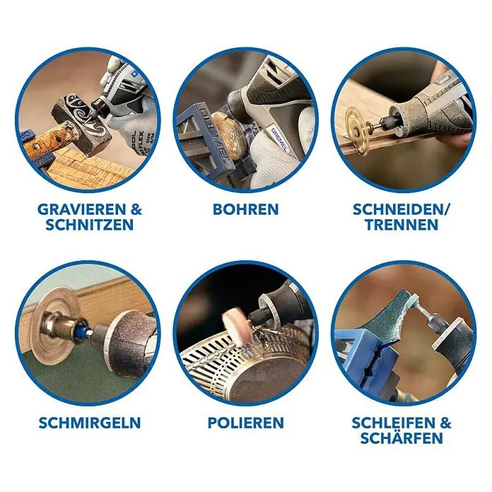Dremel Multifunktionswerkzeug 4250 (4250 Platinum+) - 175 W, Leerlaufdrehzahl: 5.000 U/min - 35.000 U/min - Bild von Dremel Werkzeuganwendungen: Gravieren, Bohren, Schneiden, Schmirgeln, Polieren und Schleifen für DIY-Projekte.