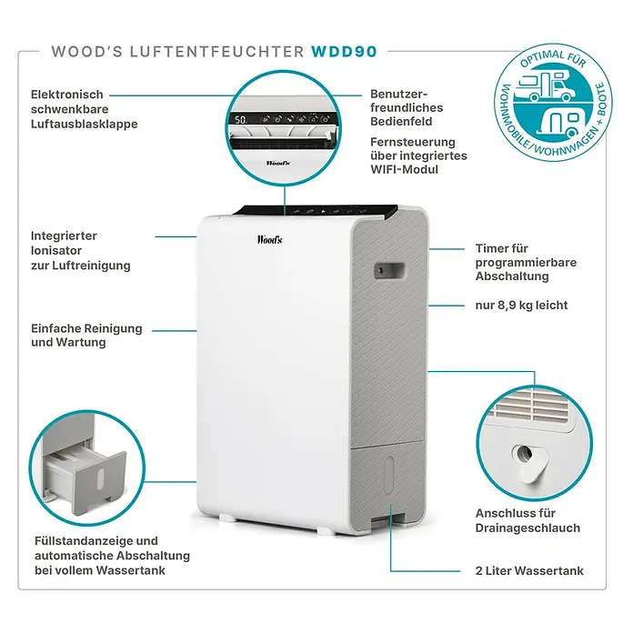 Woods Elektro-Luftentfeuchter WDD 90 Wifi - 610 W, Entfeuchtungsleistung: 8 l/Tag, L x B x H: 35,8 x 21,3 x 53,7 cm, Weiß - Weiß-grauer WOOD'S LUFTENTFEUCHTER WDD90, Eigenschaften hervorgehoben.