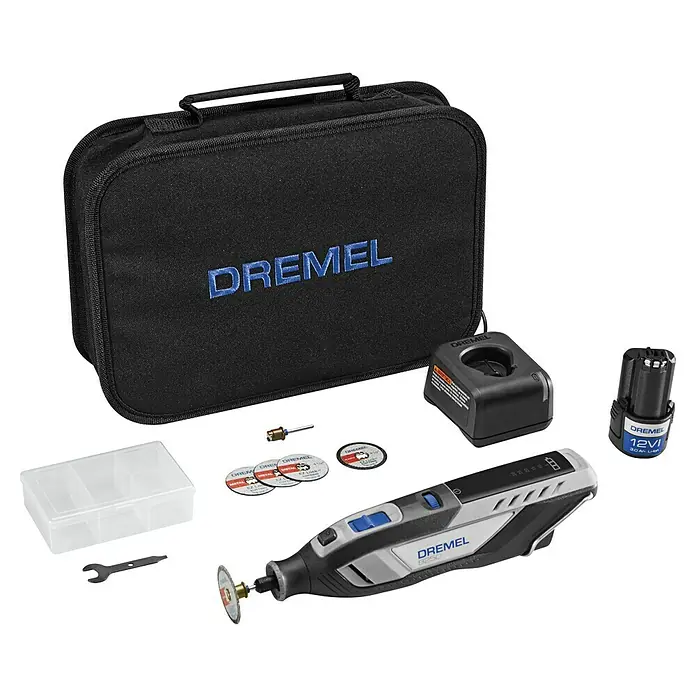 Dremel Akku-Multifunktionswerkzeug 8250-5 - 12 V, 1 Akku, 2 Ah - Das Dremel 8260 Akku-Multifunktionswerkzeug-Set mit Zubehör, Ladegerät und Akku in einer praktischen Aufbewahrungstasche.