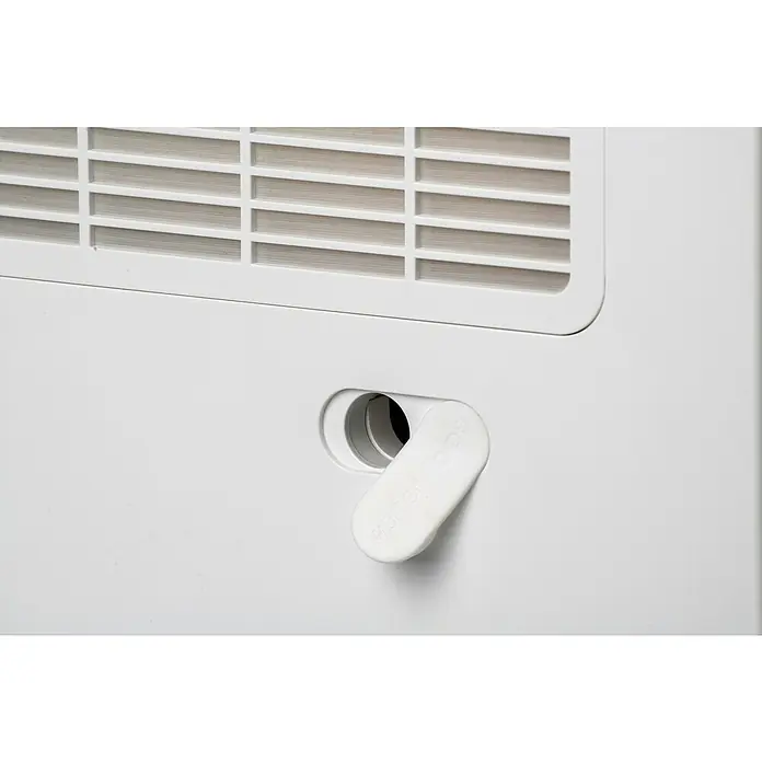 Woods Elektro-Luftentfeuchter WDD 90 Wifi - 610 W, Entfeuchtungsleistung: 8 l/Tag, L x B x H: 35,8 x 21,3 x 53,7 cm, Weiß - Weißes Gerät mit Lüftungsschlitz und teils geöffnetem "water pipe" Ablassstopfen.