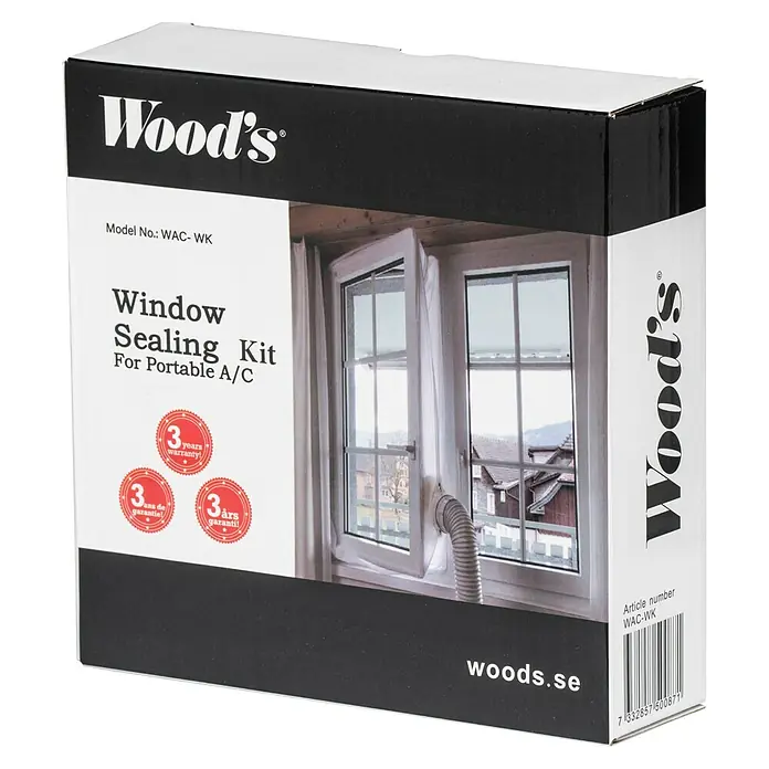 Woods Fensterabdichtung für mobile Klimageräte von Woods - Weiß, Breite: 39 cm - Weiße & schwarze Wood's Fensterabdichtungs-Set-Box für mobile Klimaanlagen, mit Anwendungsbild.