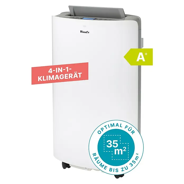 Woods Mobiles Klimagerät Cortina 12K AirSwitch DUO A+ - 3,5 kW, Raumgröße: 35 m², Weiß - Weißes Wood's 4-in-1 Klimagerät, Energieeffizienz A+, optimal für Räume bis 35m².