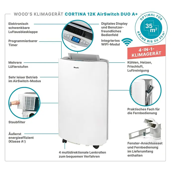 Woods Mobiles Klimagerät Cortina 12K AirSwitch DUO A+ - 3,5 kW, Raumgröße: 35 m², Weiß - Weißes tragbares Klimagerät mit Digitalanzeige, Fernbedienung, Filter und Rollen, das seine Merkmale zeigt.