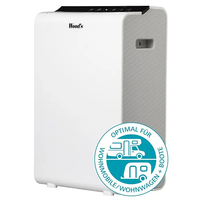 Woods Elektro-Luftentfeuchter WDD 90 Wifi - 610 W, Entfeuchtungsleistung: 8 l/Tag, L x B x H: 35,8 x 21,3 x 53,7 cm, Weiß - Weißer Wood's Luftentfeuchter mit grauer Seitenverkleidung und schwarzem Bedienfeld, geeignet für Wohnmobile, Wohnwagen und Boote.