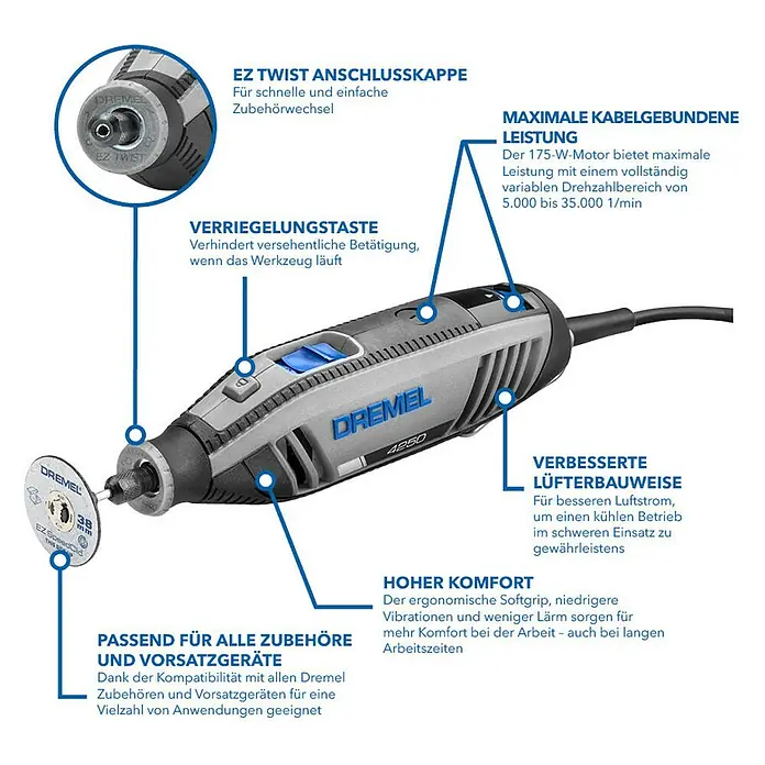 Dremel Multifunktionswerkzeug 4250 (4250 Platinum+) - 175 W, Leerlaufdrehzahl: 5.000 U/min - 35.000 U/min - Detaillierte Ansicht eines Dremel 4250 Multifunktionswerkzeugs mit Beschreibungen seiner Funktionen und Vorteile.