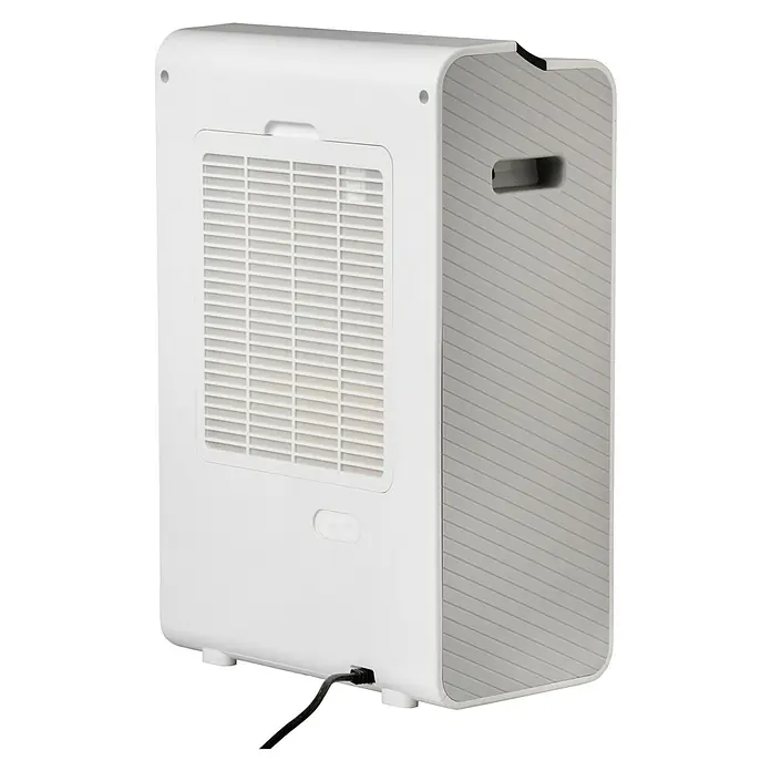 Woods Elektro-Luftentfeuchter WDD 90 Wifi - 610 W, Entfeuchtungsleistung: 8 l/Tag, L x B x H: 35,8 x 21,3 x 53,7 cm, Weiß - Weißer, tragbarer Luftentfeuchter mit grauer Seitenplatte, hinterem Lufteinlass und schwarzem Netzkabel.