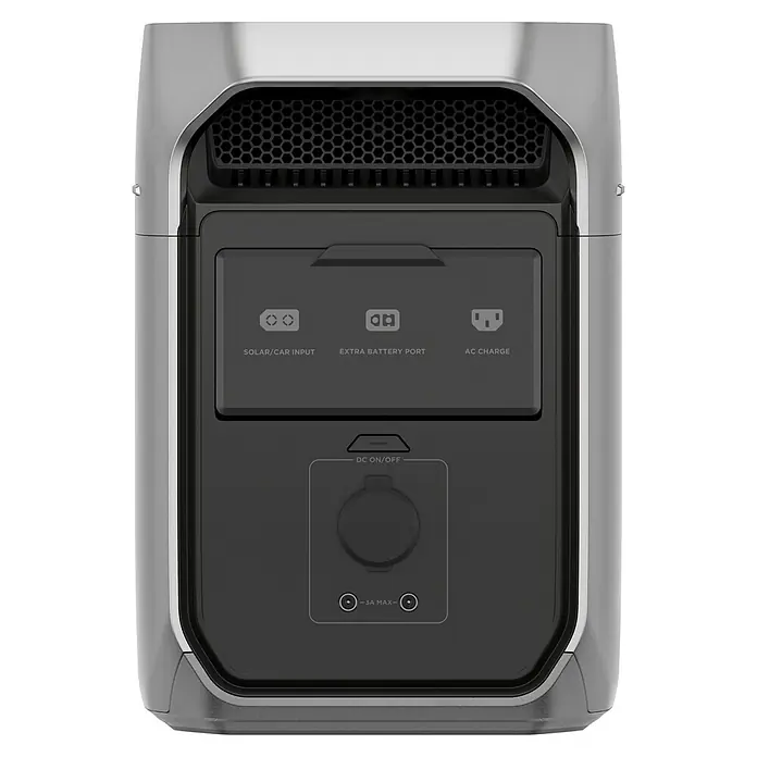 EcoFlow Powerstation Delta 3 Plus - 0% MwSt. - 1.024 Wh, Grau - Nahaufnahme eines tragbaren Kraftwerks mit verschiedenen Anschlüssen, darunter Solar-/Autoladung, zusätzlicher Batterieanschluss und AC-Ladeoptionen.