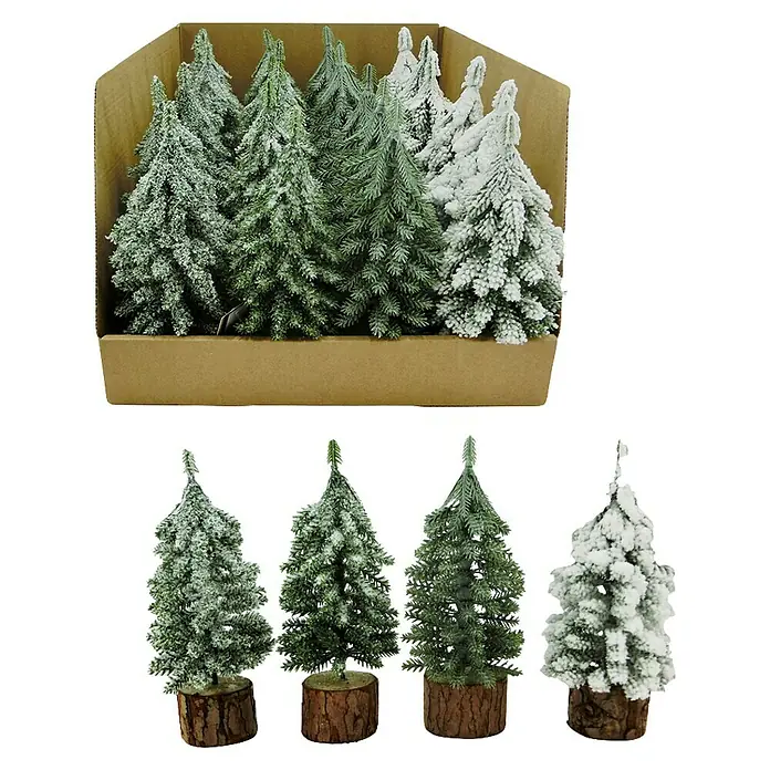 Mini-Weihnachtsbaum - Höhe: 19 cm - Miniatur-Kunstweihnachtsbäume, grün und schneebedeckt, mit Holzsockeln. Verschiedene Stile für Feiertagsdekorationen.