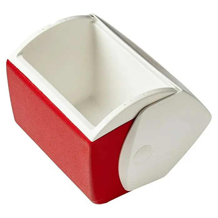 Igloo Kühlbox - 6 l, L x B x H: 29,8 x 20,9 x 30,5 cm, Rot/Weiß - Offene rot-weiße Kühlbox mit texturierter Außenseite und glatter Innenseite, Deckel teilweise abgenommen.