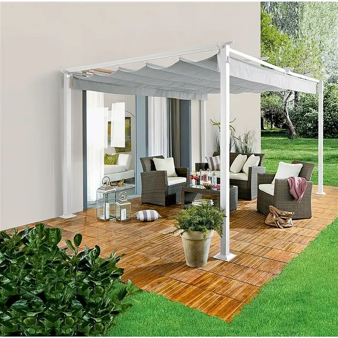Sunfun Jakarta Pérgola con toldo corredero - An x Pr: 400 x 300 cm, Color del techo: Gris, Color del armazón: Blanco - Relájese al aire libre bajo esta elegante pérgola con toldo parasol retráctil. Perfecto para horas acogedoras en el jardín o en la terraza.