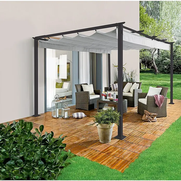 Sunfun Jakarta Pérgola con toldo corredero - An x Pr: 300 x 300 cm, Color del techo: Gris, Color del armazón: Antracita - Elegante pérgola con tela de sombra y cómodos muebles de jardín dispuestos en un patio de madera.