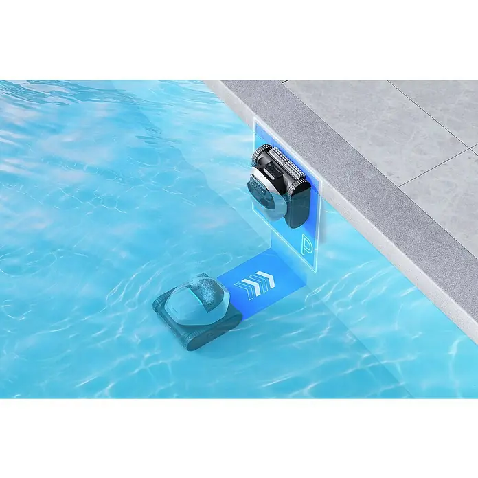 Dreame Poolroboter Z1 - Akkubetrieben, Passend für: Pools bis 180 m² Grundfläche, Filterleistung: 30.000 l/h - Ein schwarz-weißer Poolreinigungsroboter in blauem Wasser, blaue Pfeile weisen zu einem leuchtenden "P"-Symbol am Rand.