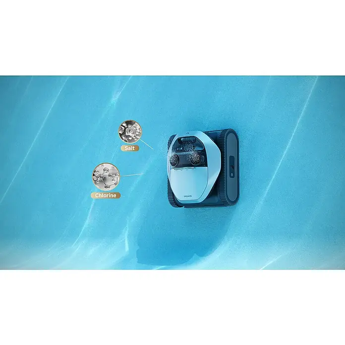 Dreame Poolroboter Z1 - Akkubetrieben, Passend für: Pools bis 180 m² Grundfläche, Filterleistung: 30.000 l/h - Weißer und grauer Roboter-Poolreiniger, der Chlor aus Salz erzeugt, unter Wasser in einem blauen Pool.