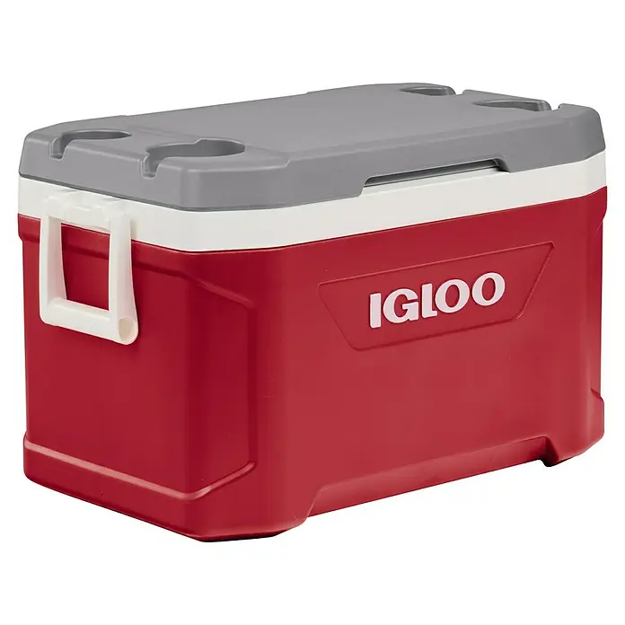 Igloo Kühlbox Latitude - 49 l, L x B x H: 63,4 x 37,1 x 38,6 cm, Rot/Grau - Rot-weiße Igloo Kühlbox mit grauem Deckel und weißem Griff.