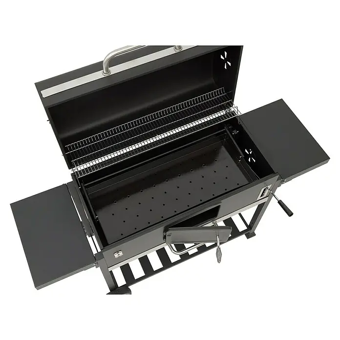 Kingstone KMS Barbacoa de carbón Black Angus Maxi - Superficie de la parrilla (An x Pr): 92 x 43 cm, Negro - Parrilla de carbón abierta con estantes y una bandeja de carbón ajustable en altura para una óptima regulación del calor.