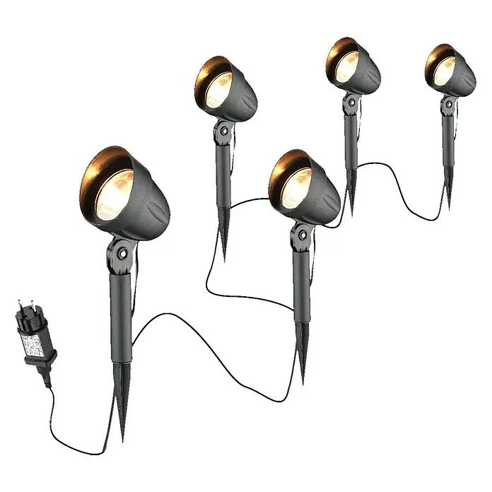 Starlux LED-Gartenspot-Set Bari - 4 W, IP44, Schwarz - Eine Nahaufnahme eines Sets aus fünf schwarzen Gartenstrahlern mit Erdspieß und warmweißem Licht, ideal für die Gartenbeleuchtung.