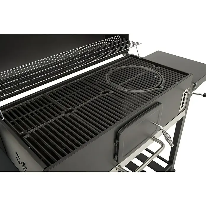 Kingstone KMS Barbacoa de carbón Black Angus Maxi - Superficie de la parrilla (An x Pr): 92 x 43 cm, Negro - Vista detallada de una barbacoa de carbón con parrillas para asar y mantener caliente, ideal para amantes de la parrilla.