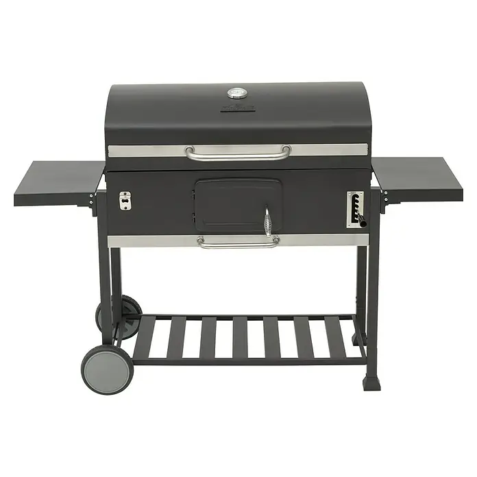 Kingstone KMS Barbacoa de carbón Black Angus Maxi - Superficie de la parrilla (An x Pr): 92 x 43 cm, Negro - Primer plano de una barbacoa de carbón negra con estantes laterales, indicador de temperatura y limpieza de cenizas.