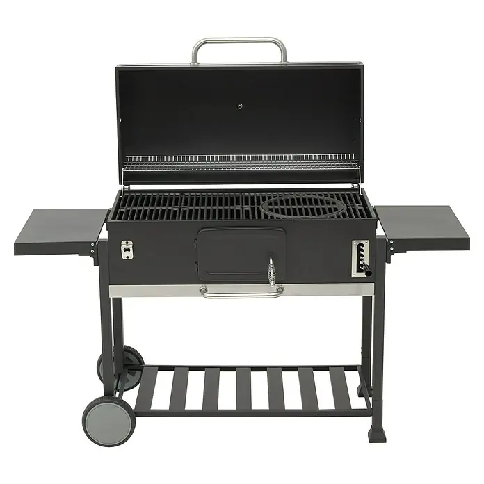 Kingstone KMS Barbacoa de carbón Black Angus Maxi - Superficie de la parrilla (An x Pr): 92 x 43 cm, Negro - Barbacoa de carbón con tapa abierta, mesas laterales y espacio de almacenamiento. Ideal para asar al aire libre, ofrece gran capacidad de preparación y almacenamiento.