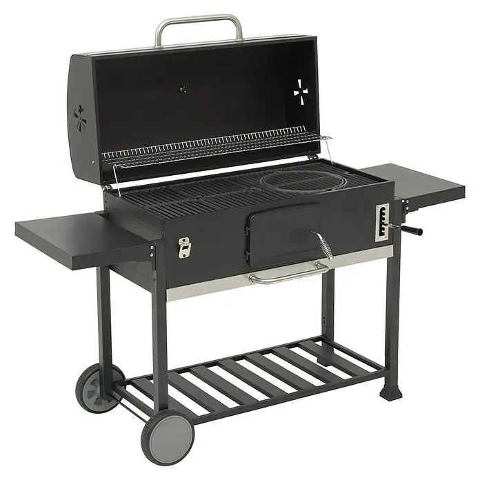 Kingstone KMS Barbacoa de carbón Black Angus Maxi - Superficie de la parrilla (An x Pr): 92 x 43 cm, Negro - Una parrilla de carbón con estantes y ruedas. La parrilla tiene una tapa y una puerta frontal para facilitar la alimentación y el control de la temperatura.