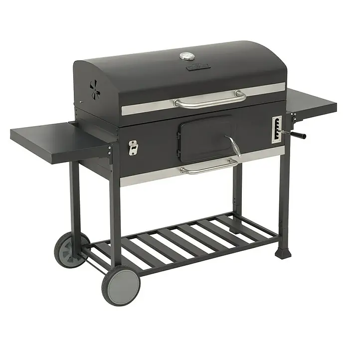 Kingstone KMS Barbacoa de carbón Black Angus Maxi - Superficie de la parrilla (An x Pr): 92 x 43 cm, Negro - Barbacoa de carbón negra con estantes y carro para el jardín o el patio. Ideal para asados.